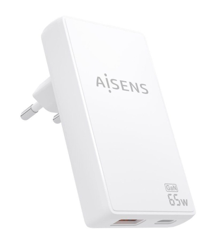 Cargador de pared gan aisens asch-65w2p076-w/ 1xusb tipo-c/ 1xusb/ 65w/ blanco