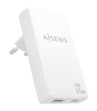 Cargador de pared gan aisens asch-65w2p076-w/ 1xusb tipo-c/ 1xusb/ 65w/ blanco