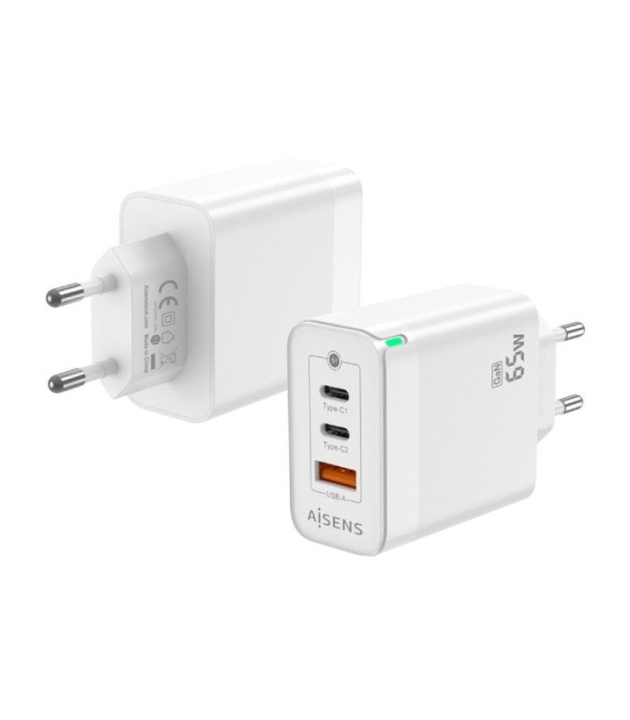 Cargador de pared gan aisens asch-65w3p007-w/ 2xusb tipo-c/ 1x usb/ 65w