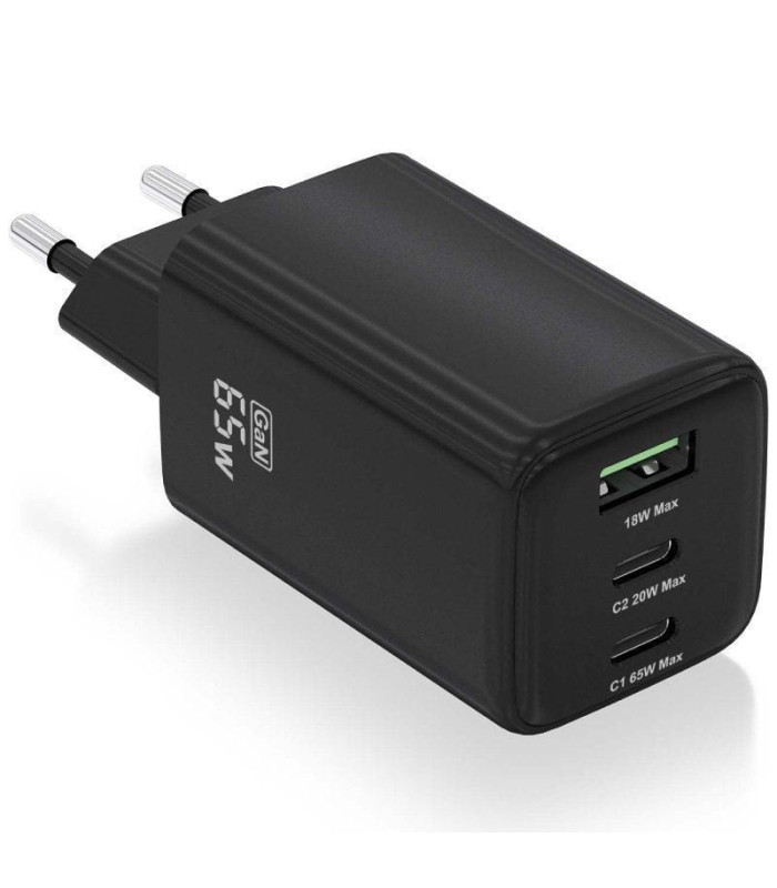 Cargador de pared gan aisens asch-65w3p042-bk/ 2xusb tipo-c/ 1xusb/ 65w