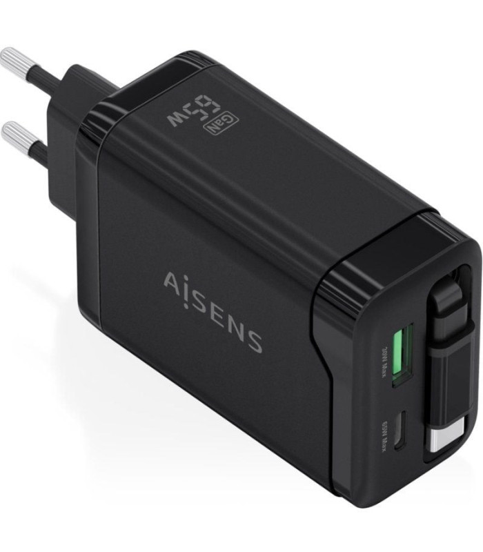 Cargador de pared gan aisens asch-65w3p071-bk/ 1xusb tipo-c/ 1xusb/ 65w/ negro