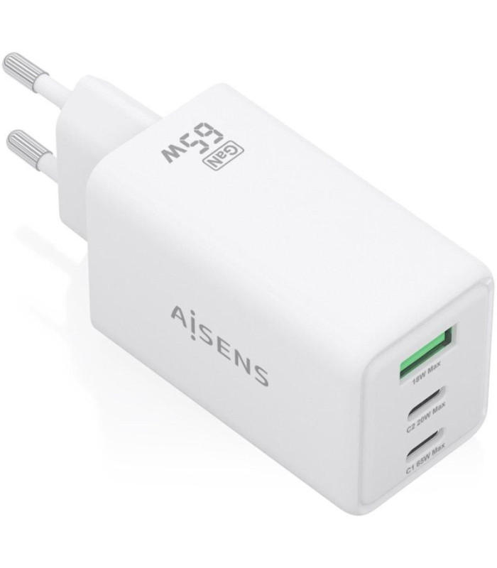 Cargador de pared gan aisens asch-65w3p072-w/ 2xusb tipo-c/ 1xusb/ 65w/ blanco