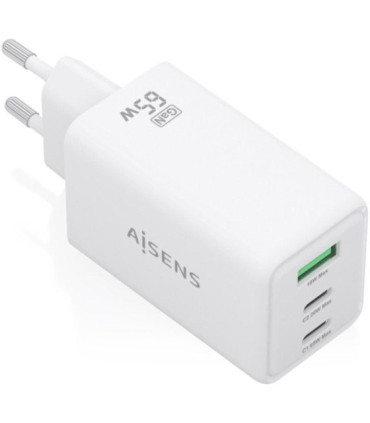 Cargador de pared gan aisens asch-65w3p072-w/ 2xusb tipo-c/ 1xusb/ 65w/ blanco