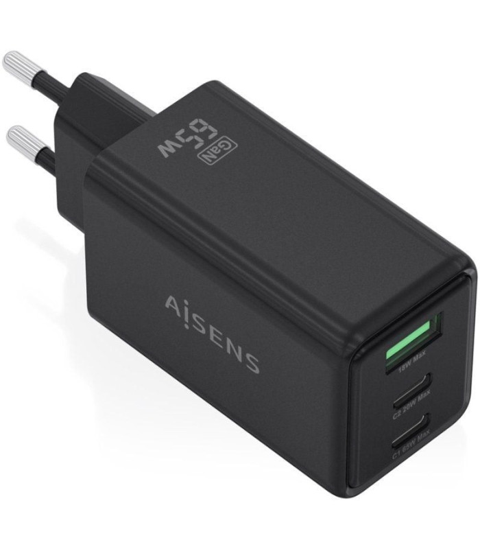 Cargador de pared gan aisens asch-65w3p073-bk/ 2xusb tipo-c/ 1xusb/ 65w/ negro