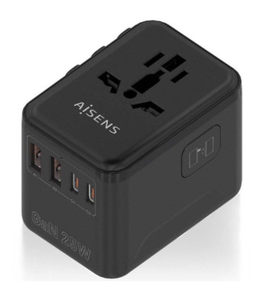 Cargador de pared universal gan para viaje aisens asps-2a2c08-bk/ toma de corriente universal/ 2xusb tipo-c/ 2xusb/ 25w