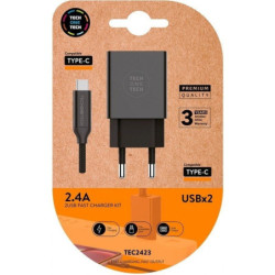 Cargador de pared tech one tech tec2423/ 2xusb + cable usb tipo-c/ 12w/ negro