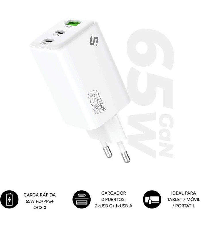 Cargador de pared gan subblim 65w charger usb c+c+a/ 2xusb tipo-c/ 1xusb/ 65w