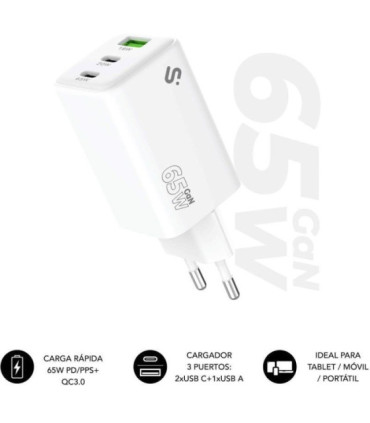 Cargador de pared gan subblim 65w charger usb c+c+a/ 2xusb tipo-c/ 1xusb/ 65w