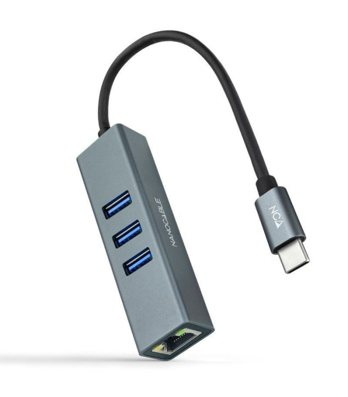 Hub usb tipo-c nanocable 10.03.0408/ 3xusb/ 1xrj45/ gris