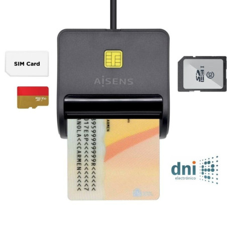 Lector de dni y tarjetas aisens ascr-sn02sd-bk/ usb 2.0/ negro