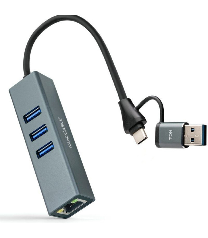 Hub usb + usb tipo-c 3.0 nanocable 10.03.0412/ 3xusb/ 1xrj45/ gris