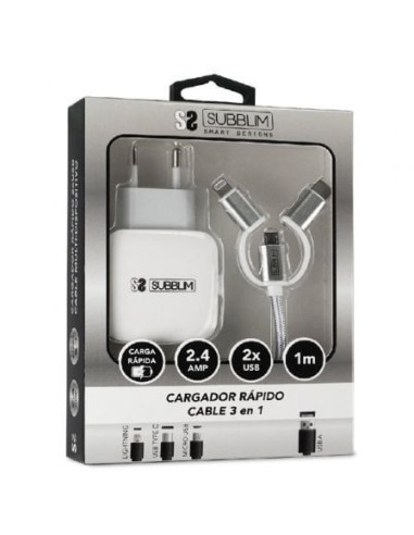 Cargador de pared subblim sub-chg-1zwc01/ 2xusb + cable 3 en 1/ 12w/ blanco