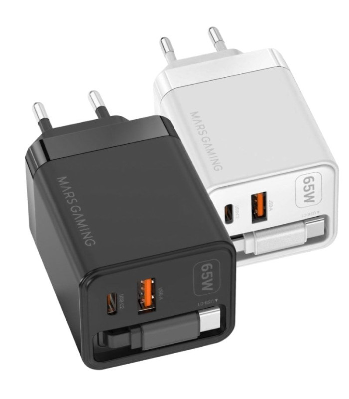 Cargador de pared gan mars gaming md-gan65r/ 1xusb tipo-c/ 1xusb/ 65w/ negro