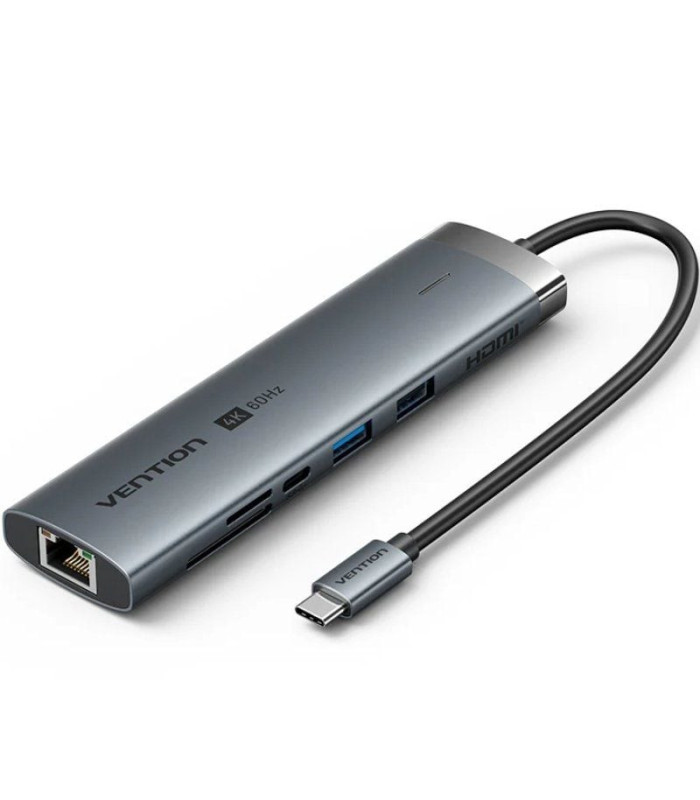 Hub usb tipo-c 3.2 vention tgvhb/ 2xusb/ 1xusb tipo-c pd/ 1xusb tipo-c/ 1xrj45/ 1xlector de tarjetas/ 1xjack 3.5mm/ 1xhdmi/ gris