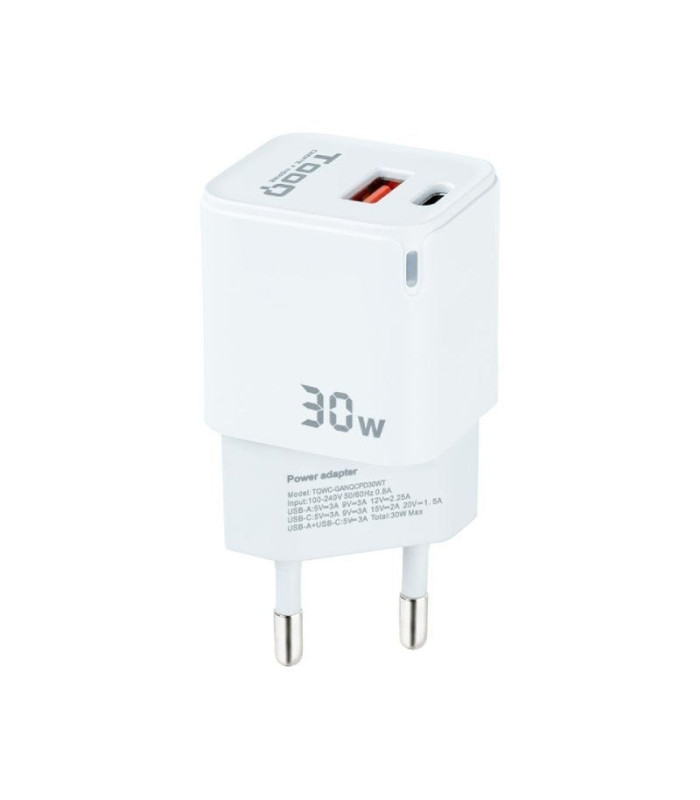 Cargador de pared gan tooq tqwc-ganqcpd30wt/ 1xusb tipo-c/ 1xusb/ 30w