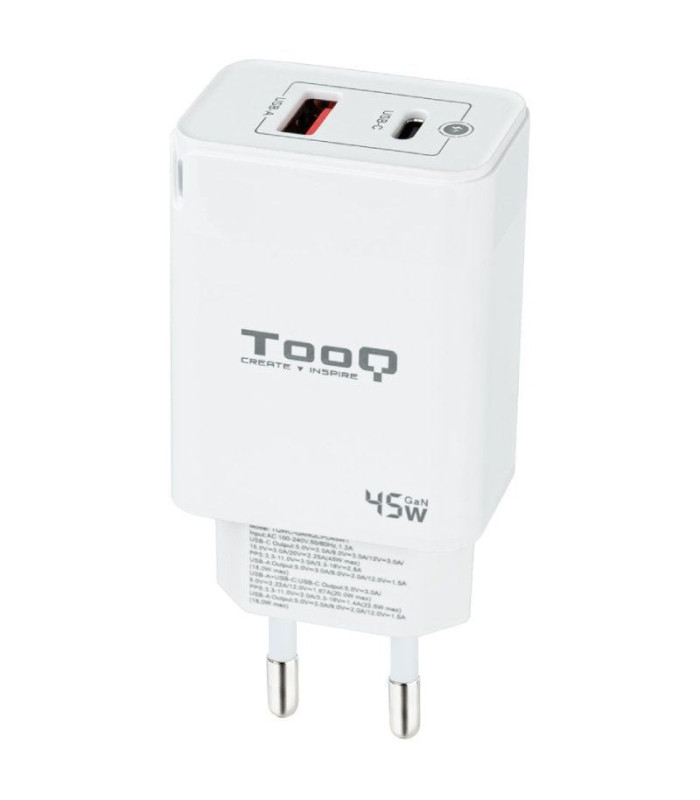 Cargador de pared gan tooq tqwc-ganqcpd45wt/ 1xusb tipo-c/ 1xusb/ 45w