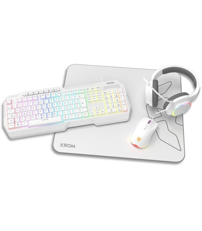 Pack gaming krom kenta/ teclado rgb + ratón + alfombrilla + auriculares/ blanco