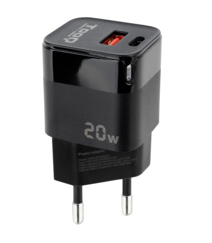 Cargador de pared tooq tqwc-qcpd20/ 1xusb tipo-c/ 1xusb/ 20w
