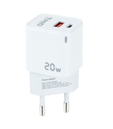 Cargador de pared tooq tqwc-qcpd20wt/ 1xusb-tipo c/ 1x usb/ 20w/ blanco
