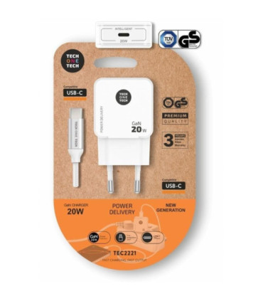 Cargador de pared tech one tech tec2221/ 1xusb tipo-c + cable usb tipo-c/ 20w/ blanco