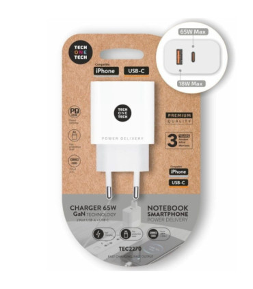 Cargador de pared gan tech one tech gan tec2270/ 1xusb tipo-c/ 1xusb/ 65w/ blanco