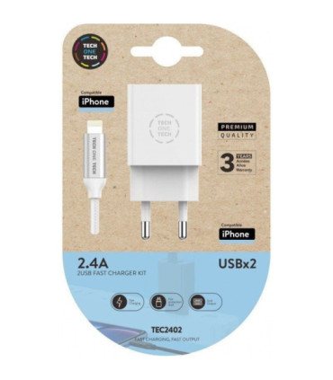 Cargador de pared tech one tech tec2402/ 2xusb + cable lightning/ 12w/ blanco