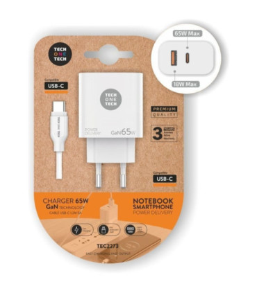 Cargador de pared gan tech one tech pd tec2273 / 1xusb tipo-c/ 1xusb/ 65w