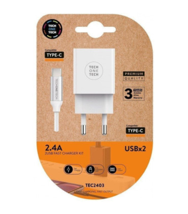 Cargador de pared tech one tech tec2403/ 2xusb + cable usb tipo-c/ 12w/ blanco