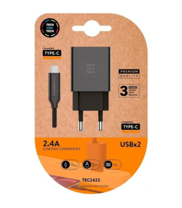 Cargador de pared tech one tech tec2423/ 2xusb + cable usb tipo-c/ 12w/ negro