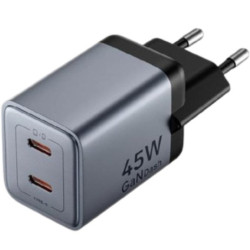 Cargador de pared gan vention tz-fcdh0-eu/ 2xusb tipo-c + cable usb tipo-c/ 45w