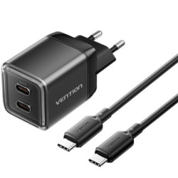 Cargador de pared gan vention tz-fcfb0-eu/ 2xusb tipo-c + cable usb tipo-c/ 45w
