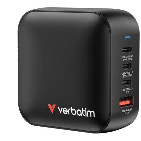 Cargador de pared universal gan para viaje verbatim mini gan wall charger/ 3xusb tipo-c/ 1xusb/ 100w