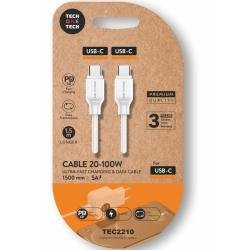 Cable USB 2.0 Tipo-C Tech One Tech TEC2210/ USB Tipo-C Macho - USB Tipo-C Macho/ Hasta 100W/ 480Mbps/ 1.5m/ Blanco