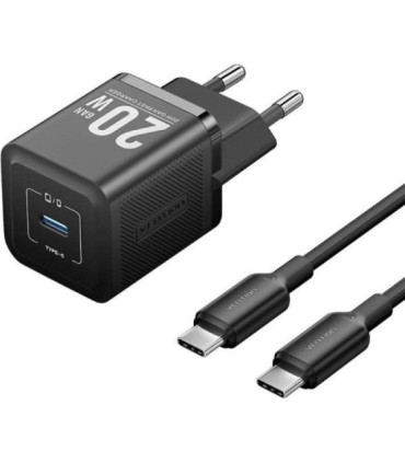 Cargador de pared gan vention tz-fepb0-eu-01/ 1xusb tipo-c + cable usb tipo-c/ 20w