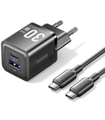 Cargador de pared gan vention tz-feqb0-eu-01/ 1xusb tipo-c/ 1xusb + cable usb tipo-c/ 30w
