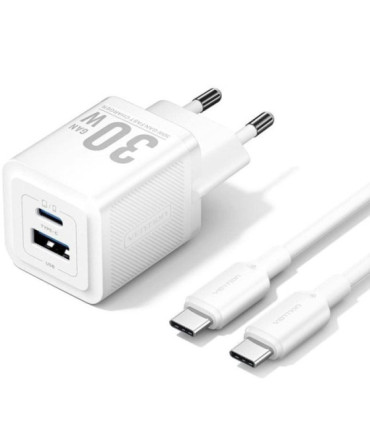 Cargador de pared gan vention tz-feqw0-eu-01/ 1xusb tipo-c/ 1xusb + cable usb tipo-c/ 30w