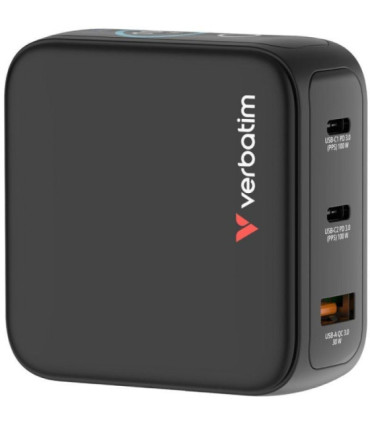 Cargador de pared universal gan para viaje verbatim mini gan charger con pantalla/ 2xusb tipo-c/ 1xusb/ 100w