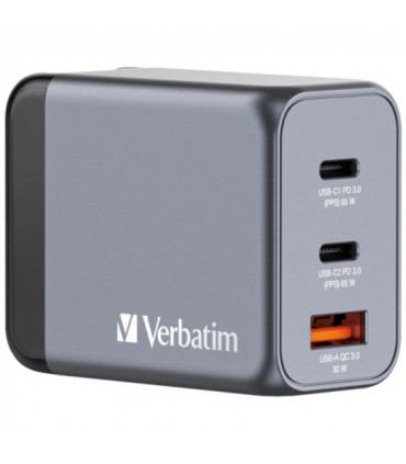 Cargador de pared universal gan para viaje verbatim gnc-65/ 2xusb tipo-c/ 1xusb/ 65w