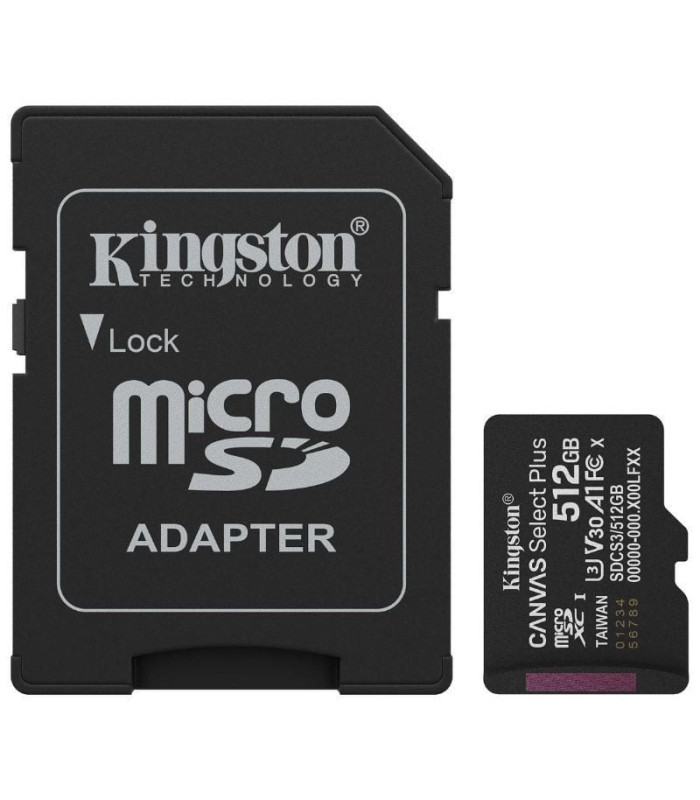 Tarjeta de memoria kingston canvas select plus 512gb microsd xc con adaptador/ clase 10/ 150mbs