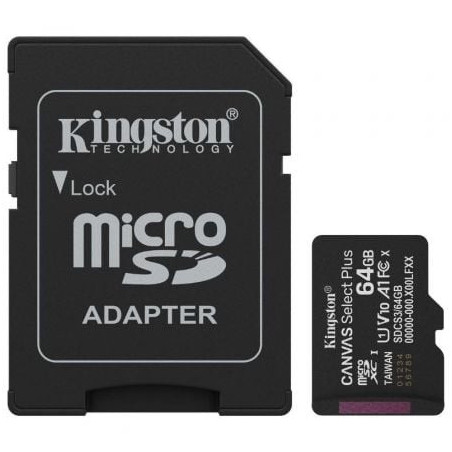 Tarjeta de memoria kingston canvas select plus 64gb microsd xc con adaptador/ clase 10/ 100mbs