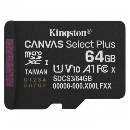 Tarjeta de memoria kingston canvas select plus 64gb microsd xc/ clase 10/ 100mbs